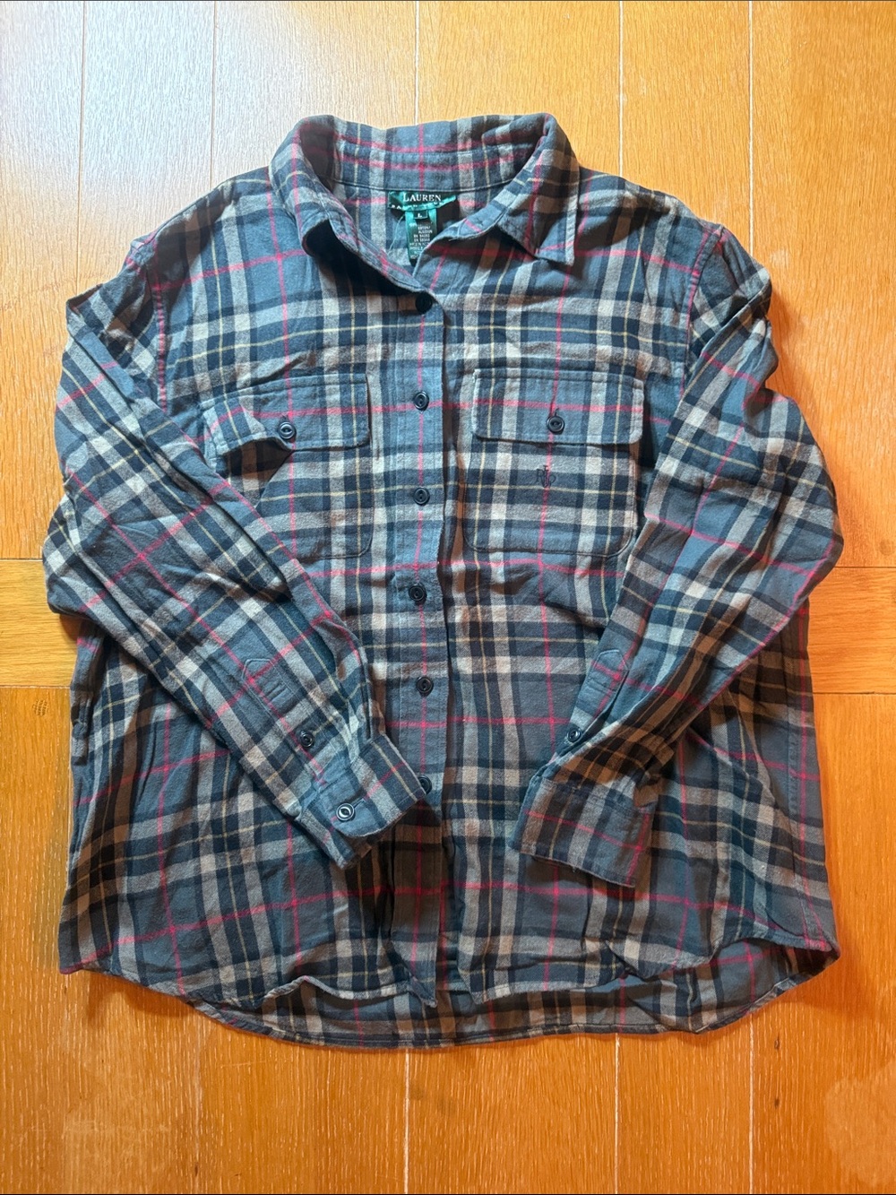 Ladies Lauren by Ralph Lauren Green & Khaki Plaid Flannel Shirt with Red Accents